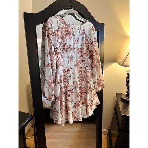 NEW Casual Mini Dress Floral Crew Neck Waist Tie Ruffle Hem S - Picture 4 of 4